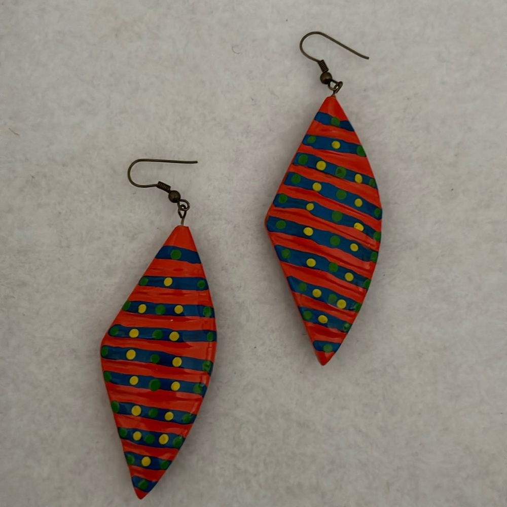 Wooden Hand Painted Colorful Polka Dot/Striped Avant Garde Geometric Earrings